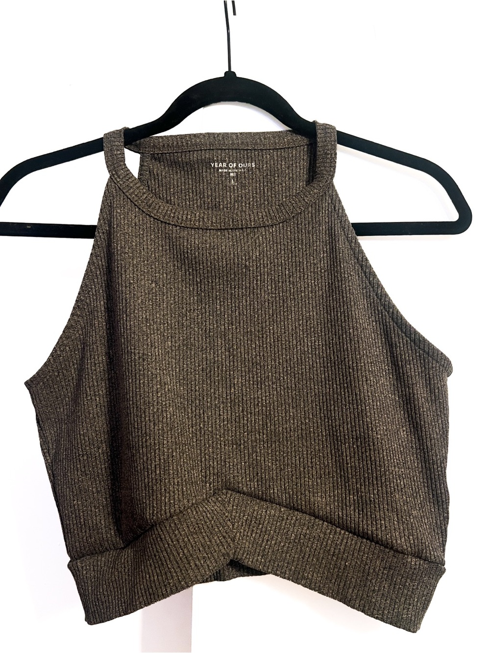 Year of Ours Ribbed Lurex Halter Crop in Bronze / Olive Brown